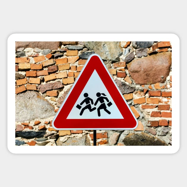 Triangular warning 'children crossing' school road traffic sign Sticker by lena-maximova